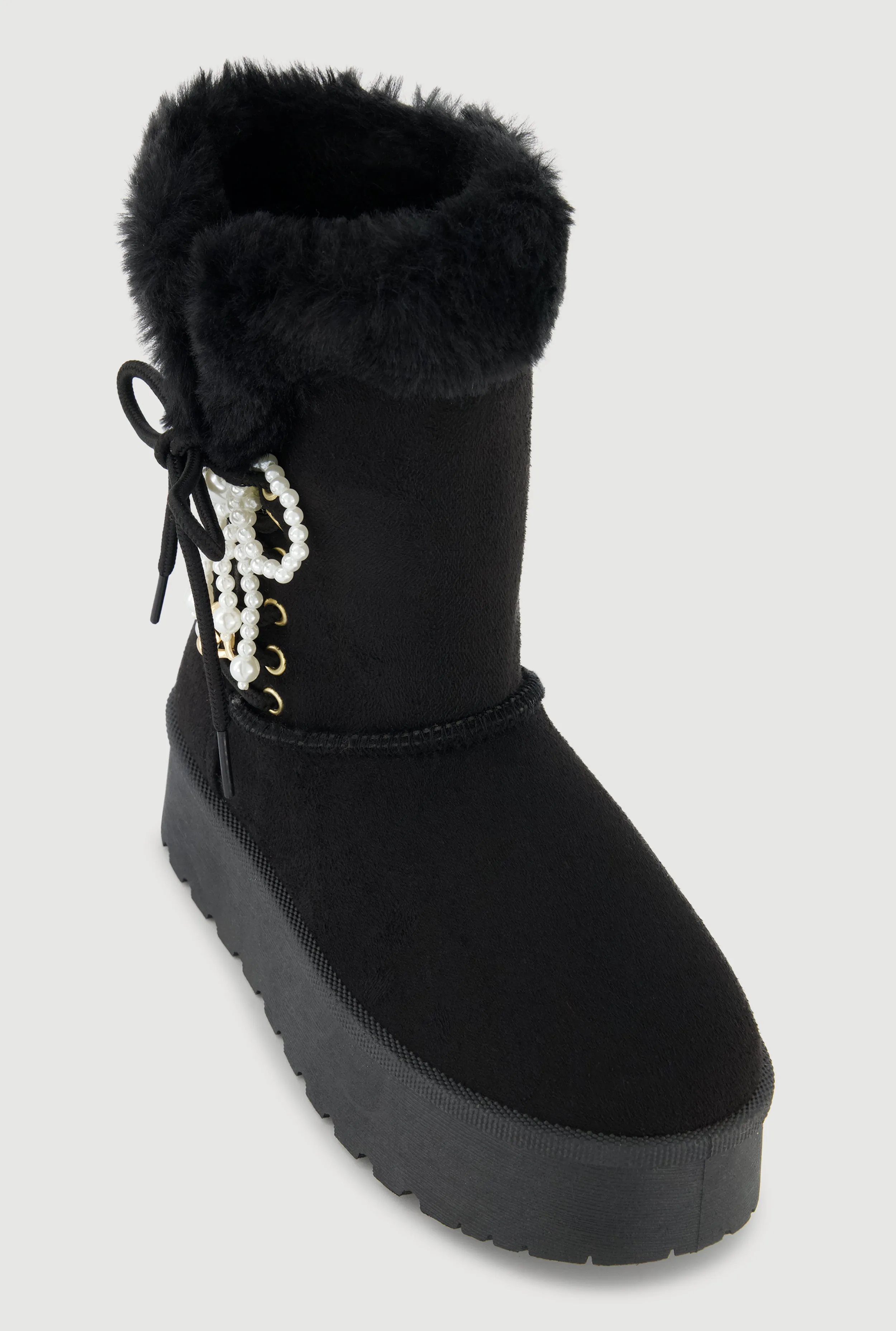 Faux Fur Lined Platform Booties with Faux Pearl Bow sold by Rainbow