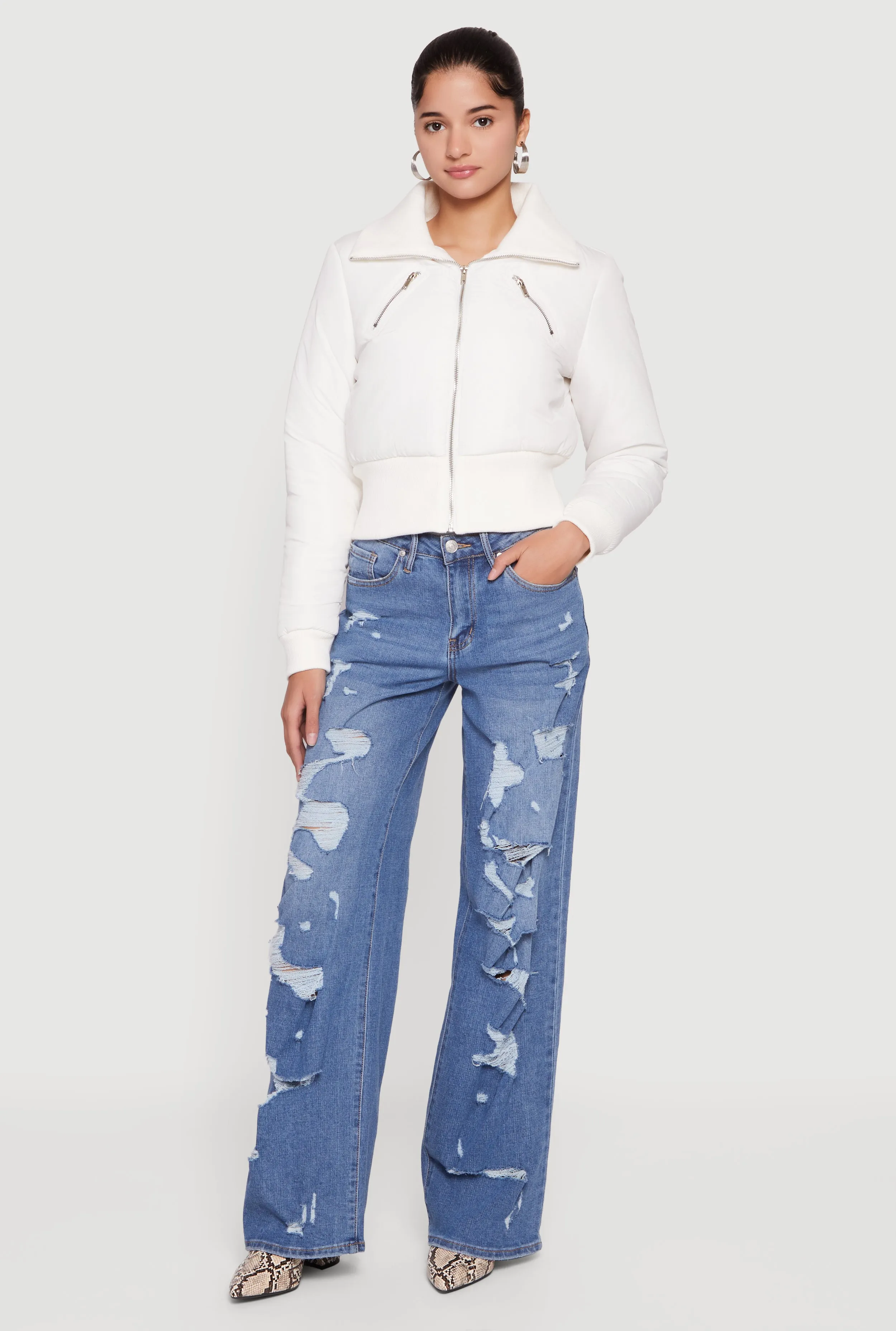 Collared Long Sleeve Zip Front Puffer Jacket sold by Rainbow