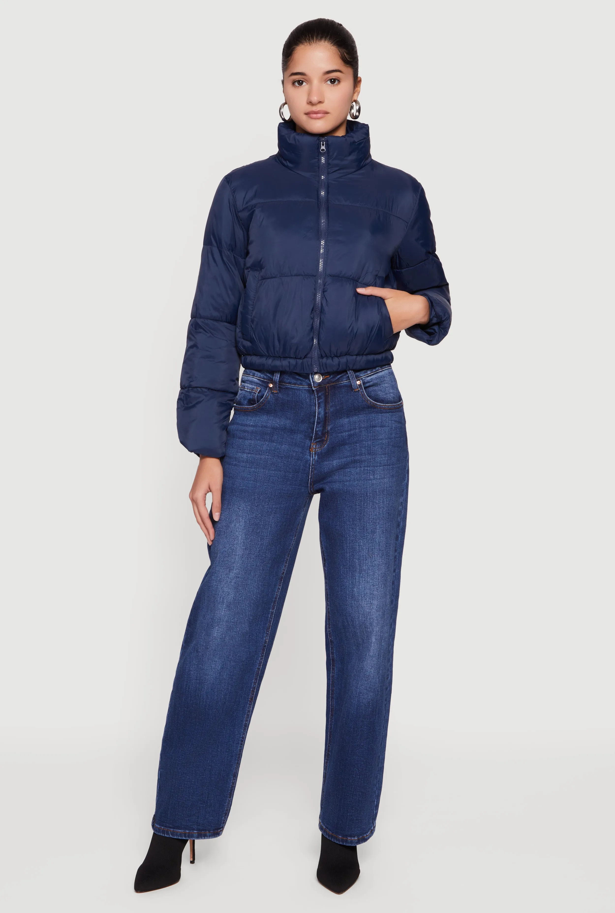 Nylon Long Sleeve Mock Neck Zip Front Puffer Jacket sold by Rainbow
