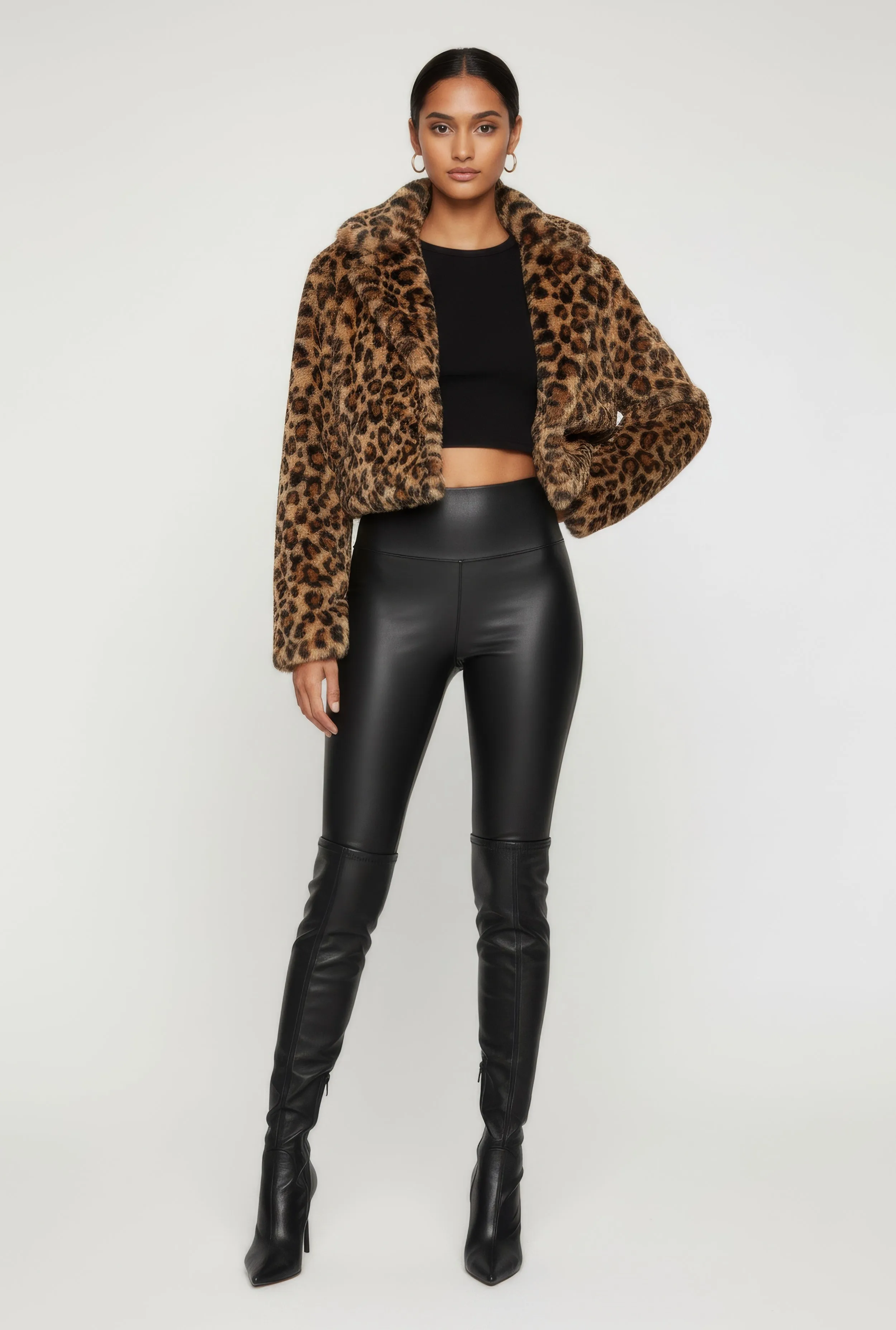 Leopard Print Faux Fur Cropped One Button Jacket sold by Rainbow product image thumbnail 3