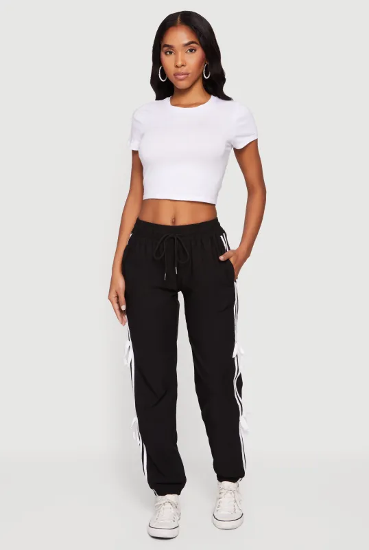 Bow Varsity Stripe Side Drawstring Waist Joggers made by Rainbow