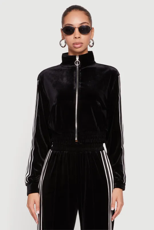 Velour Side Stripe Mock Neck Zip Front Top sold by Rainbow