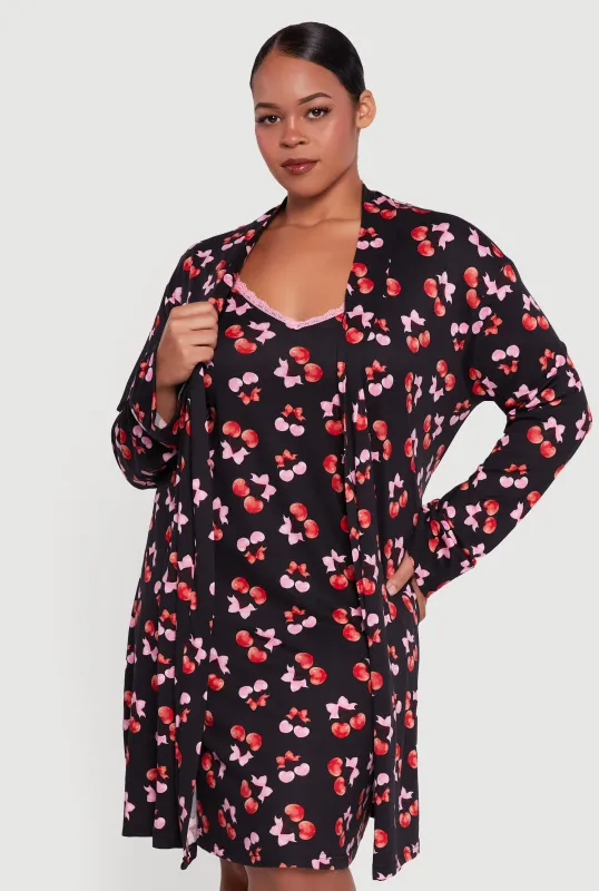 Plus Size Heart Cherry Print Robe and Cami Nightgown sold by Rainbow