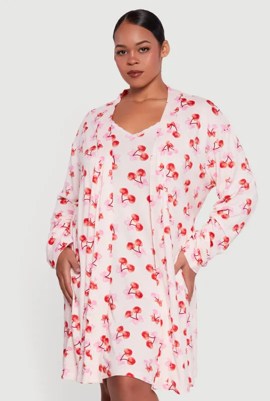 Plus Size Heart Cherry Print Robe and Cami Nightgown sold by Rainbow