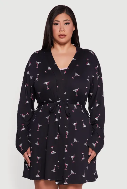 Plus Size Martini Print Robe and Cami Nightgown sold by Rainbow