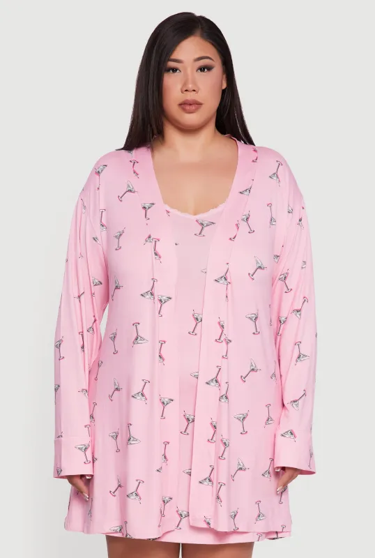 Plus Size Martini Print Robe and Cami Nightgown sold by Rainbow