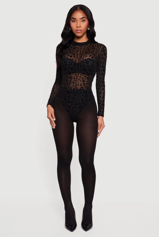Animal Print Velvet Burnout Mesh Bodysuit sold by Rainbow