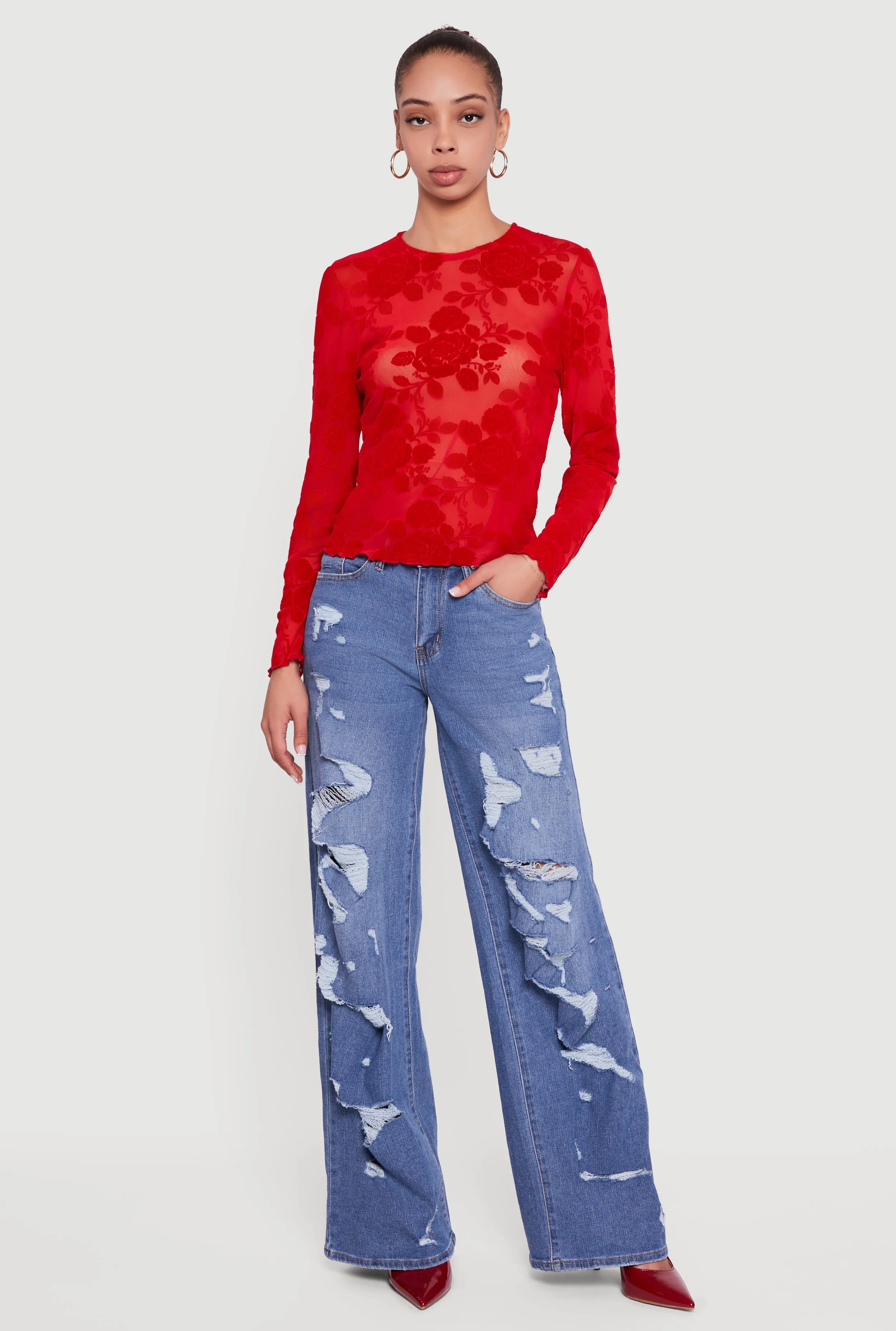 Floral Velvet Burnout Long Sleeve Top sold by Rainbow