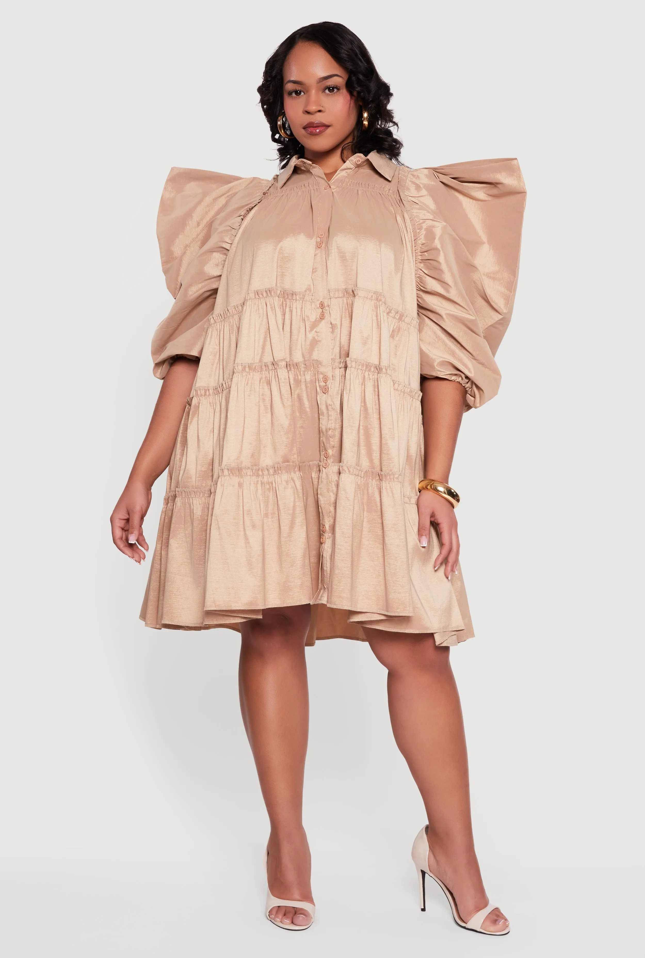 Plus Size Puff Sleeve Ruffle Tiered Button Front Shirt Dress sold by Rainbow product image thumbnail 3