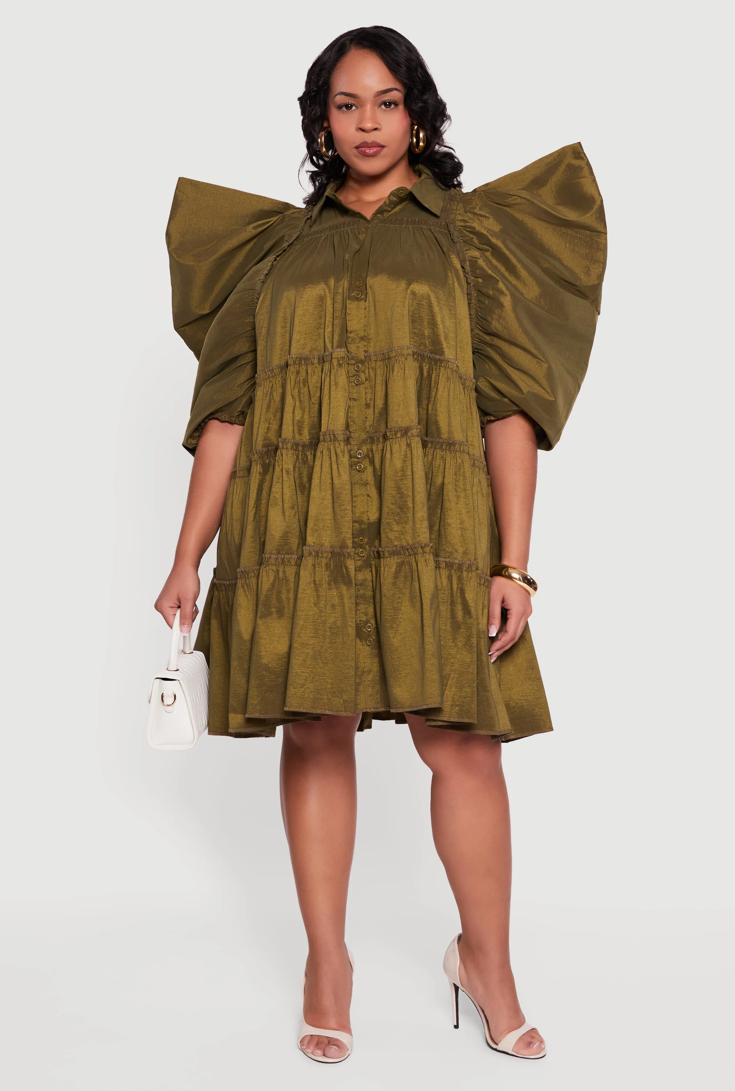 Plus Size Puff Sleeve Ruffle Tiered Button Front Shirt Dress sold by Rainbow