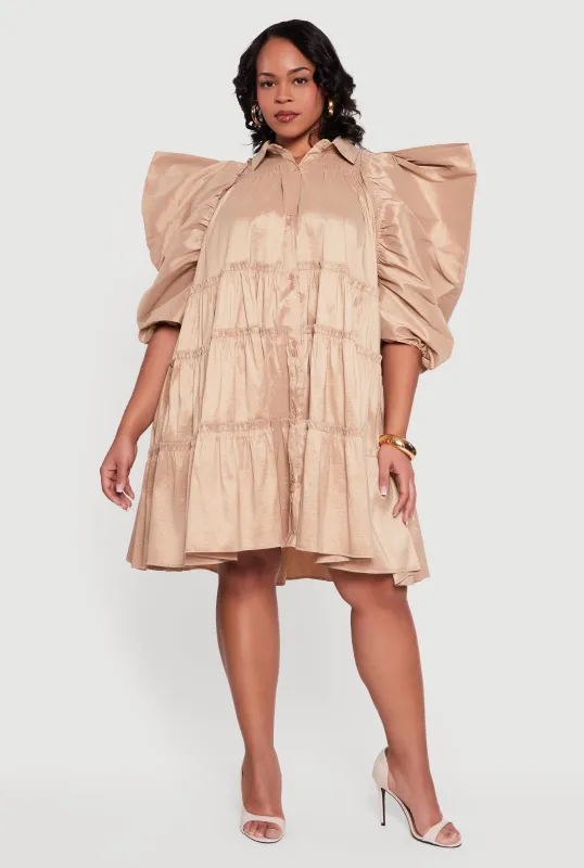 Plus Size Puff Sleeve Ruffle Tiered Button Front Shirt Dress sold by Rainbow
