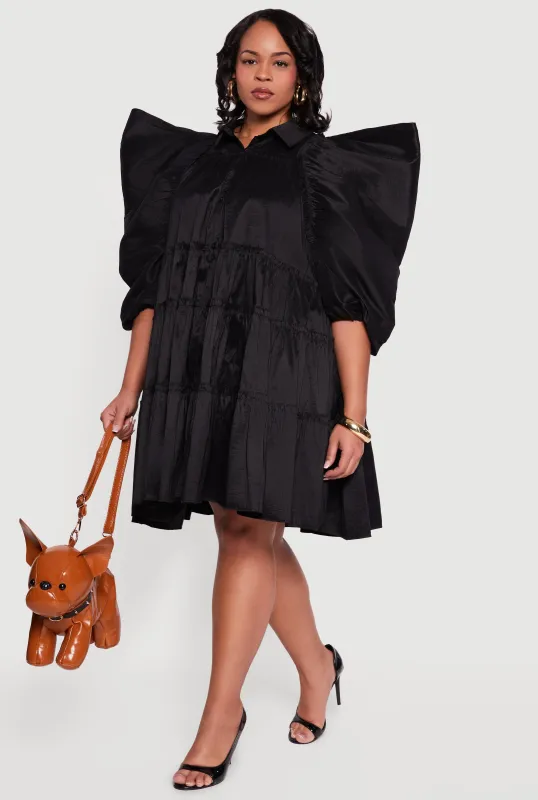 Plus Size Puff Sleeve Ruffle Tiered Button Front Shirt Dress sold by Rainbow