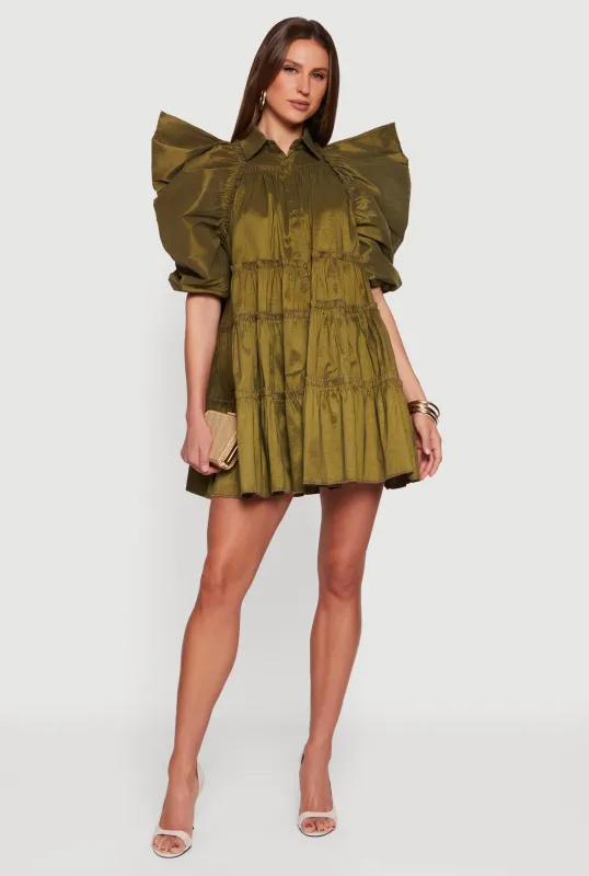 Puff Sleeve Button Front Tiered Dress sold by Rainbow