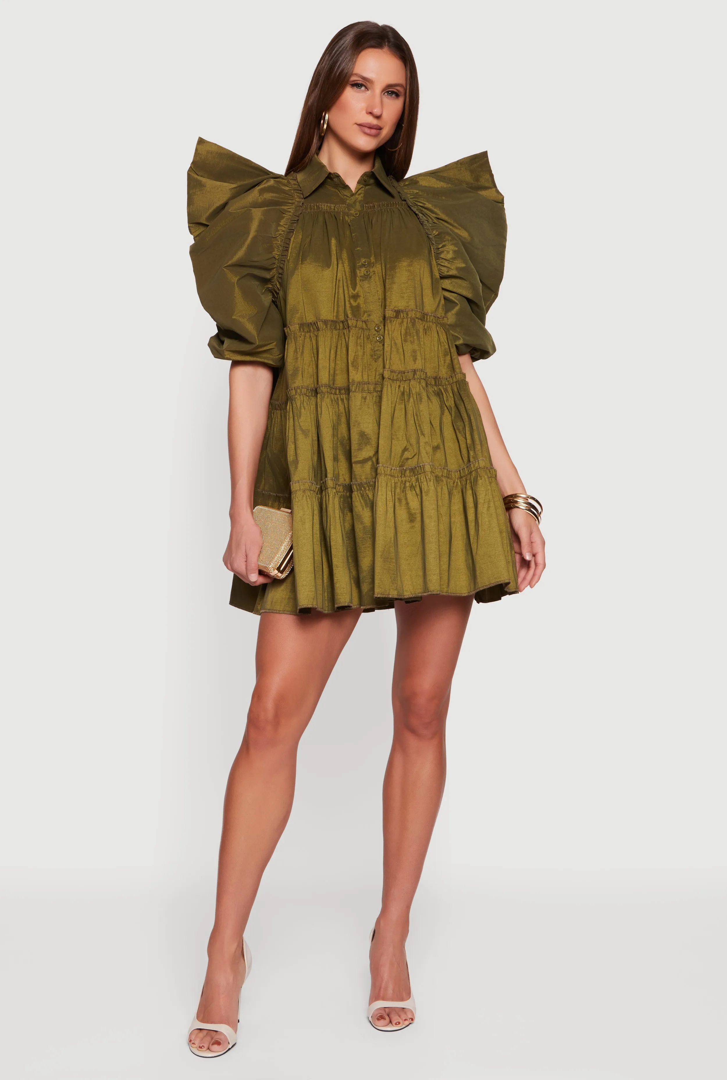 Puff Sleeve Button Front Tiered Dress sold by Rainbow