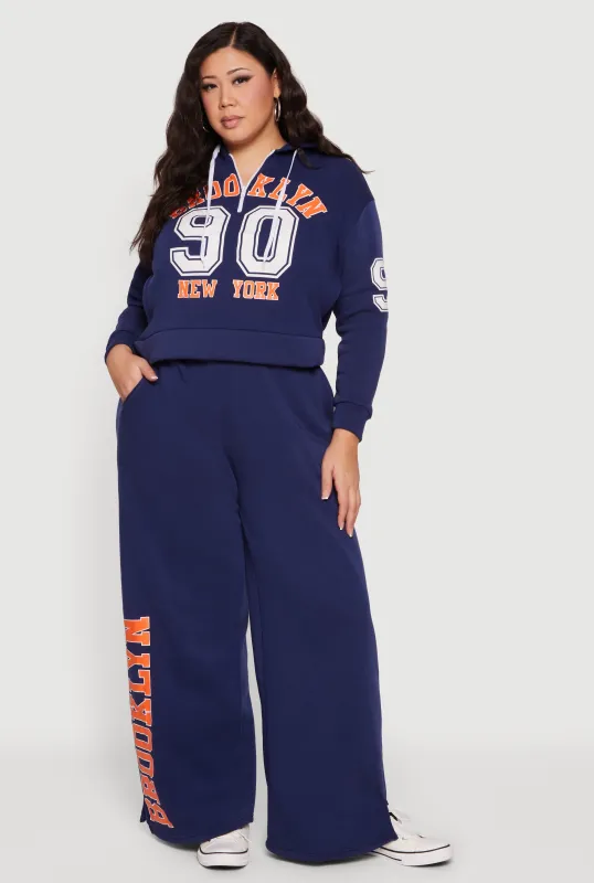 Plus Size High Waisted Wide Leg Brooklyn Graphic Sweatpants sold by Rainbow