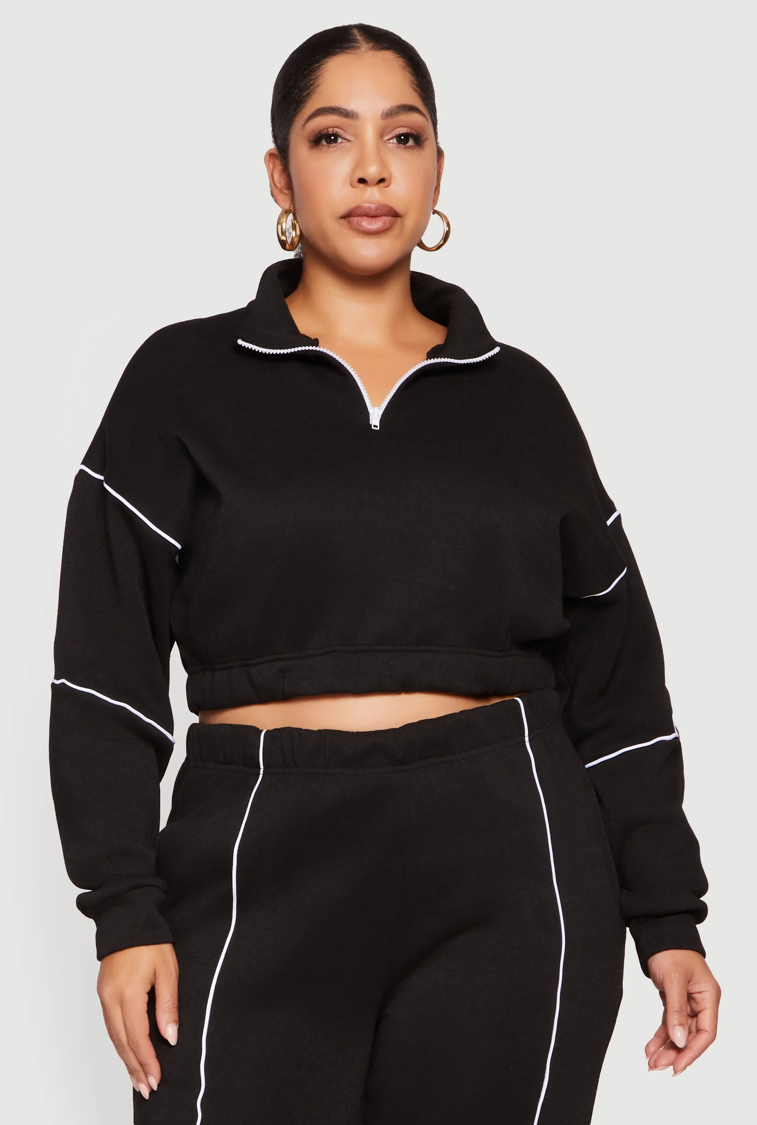Plus Size Cropped Zip Front Drop Shoulder Sweatshirt sold by Rainbow