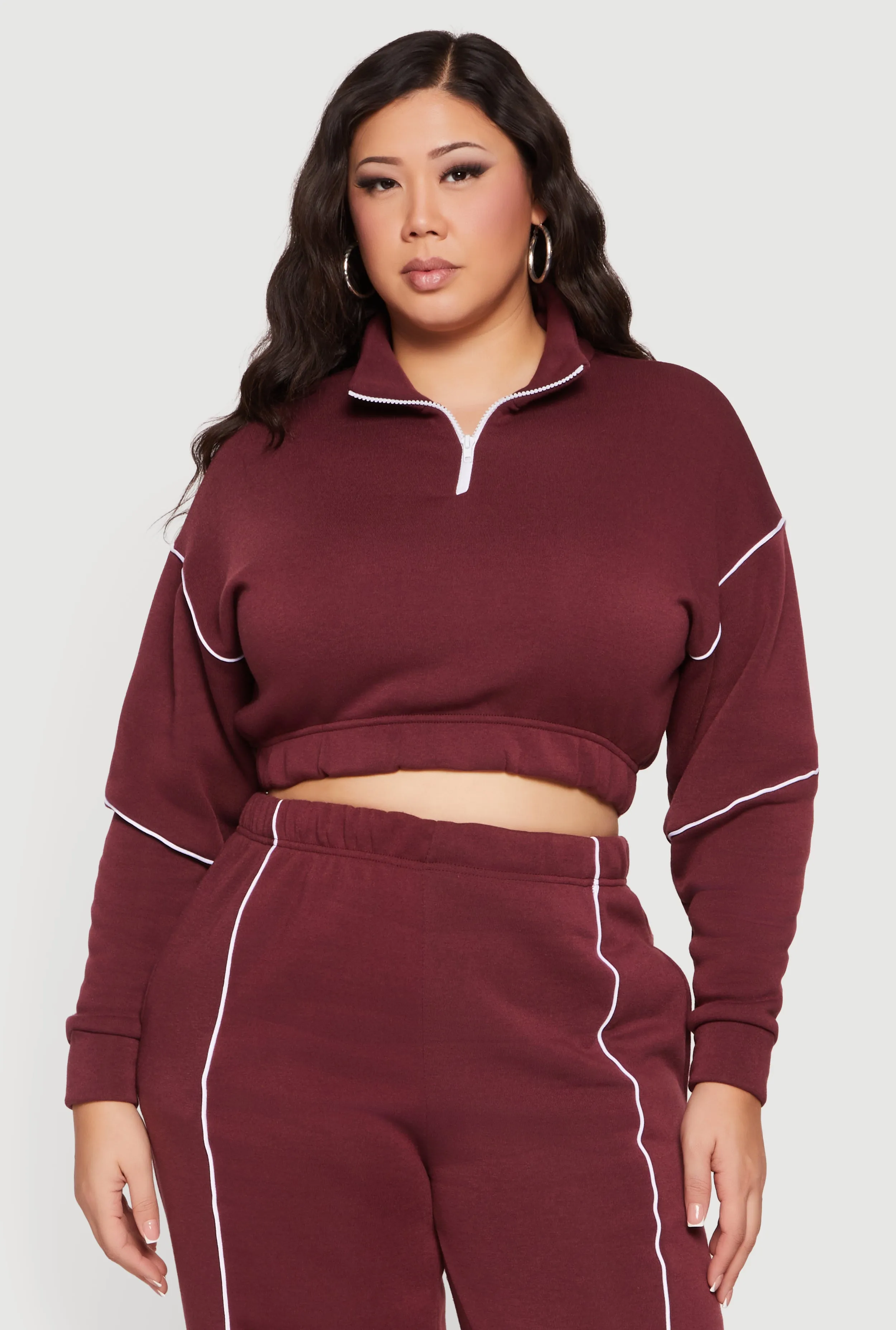 Plus Size Cropped Zip Front Drop Shoulder Sweatshirt sold by Rainbow