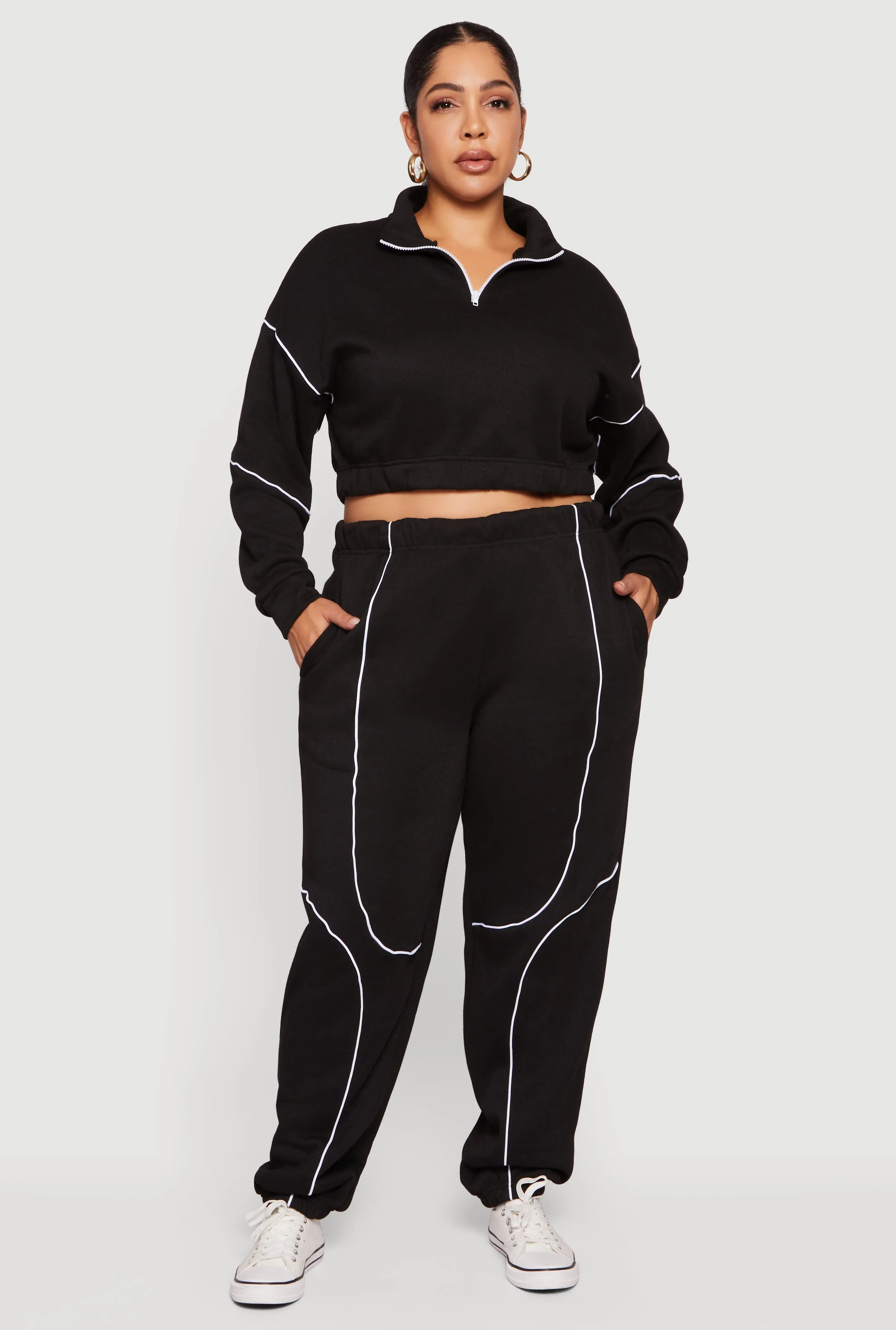 Plus Size High Waisted Contrast Trim Piping Detail Joggers sold by Rainbow