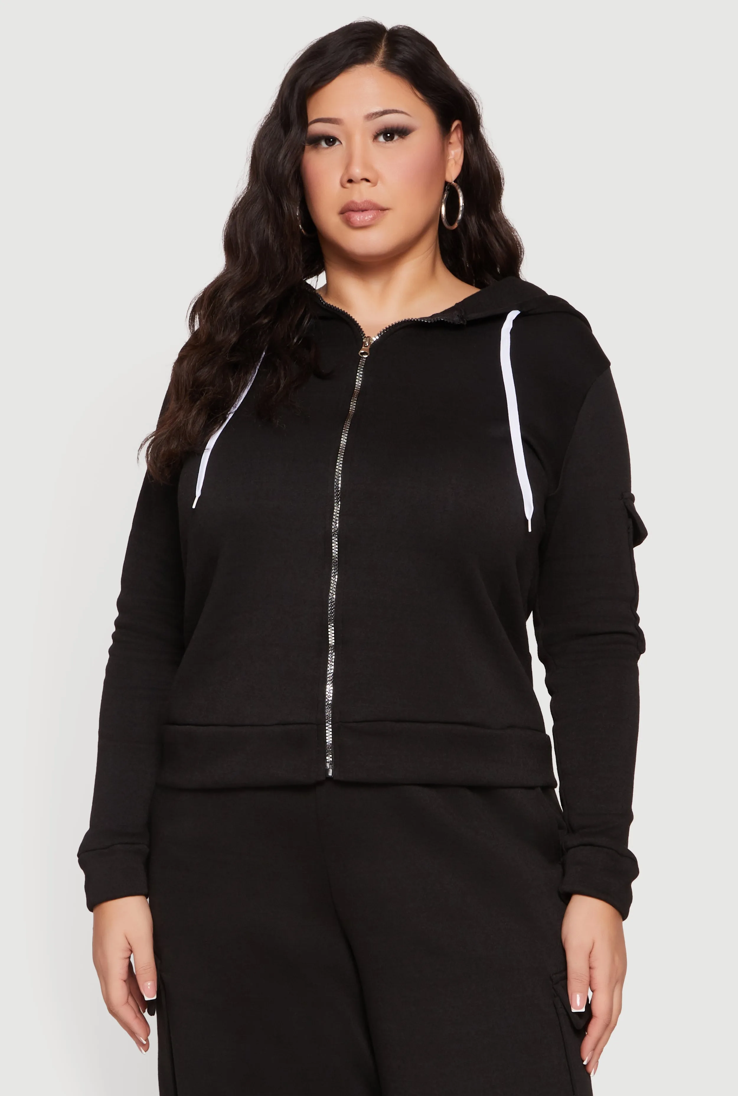Plus Size Long Sleeve Zip Front Hoodie with Cargo Pocket sold by Rainbow