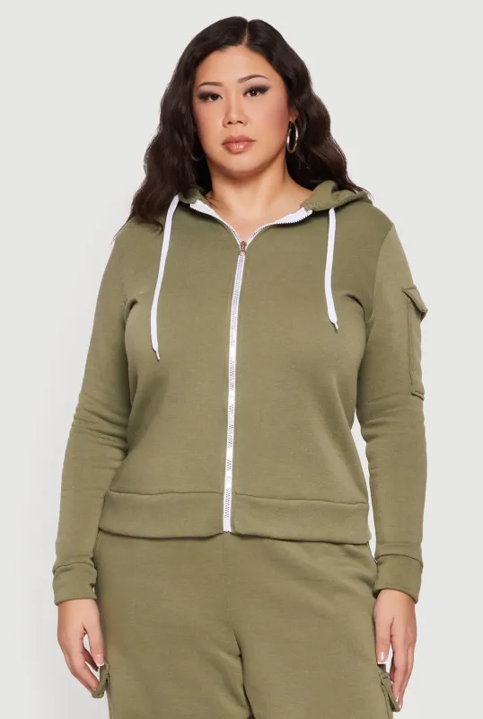 Plus Size Long Sleeve Zip Front Hoodie with Cargo Pocket sold by Rainbow