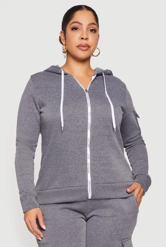 Plus Size Long Sleeve Zip Front Hoodie with Cargo Pocket sold by Rainbow