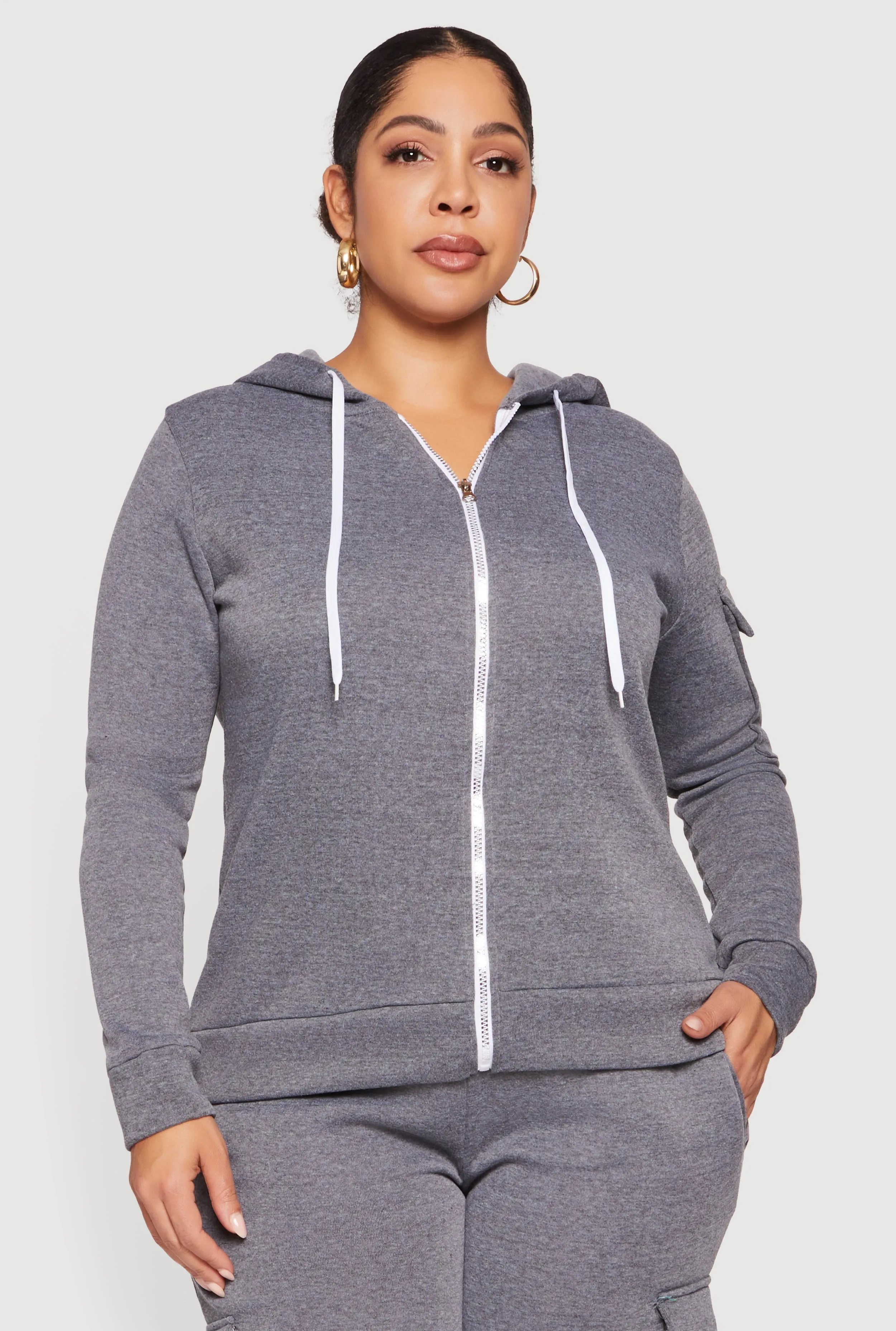 Plus Size Long Sleeve Zip Front Hoodie with Cargo Pocket sold by Rainbow