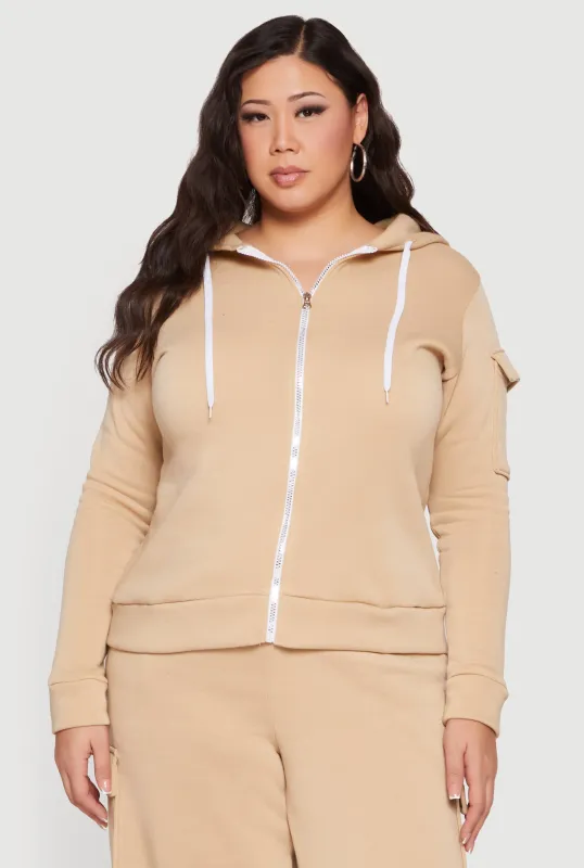 Plus Size Long Sleeve Zip Front Hoodie with Cargo Pocket sold by Rainbow