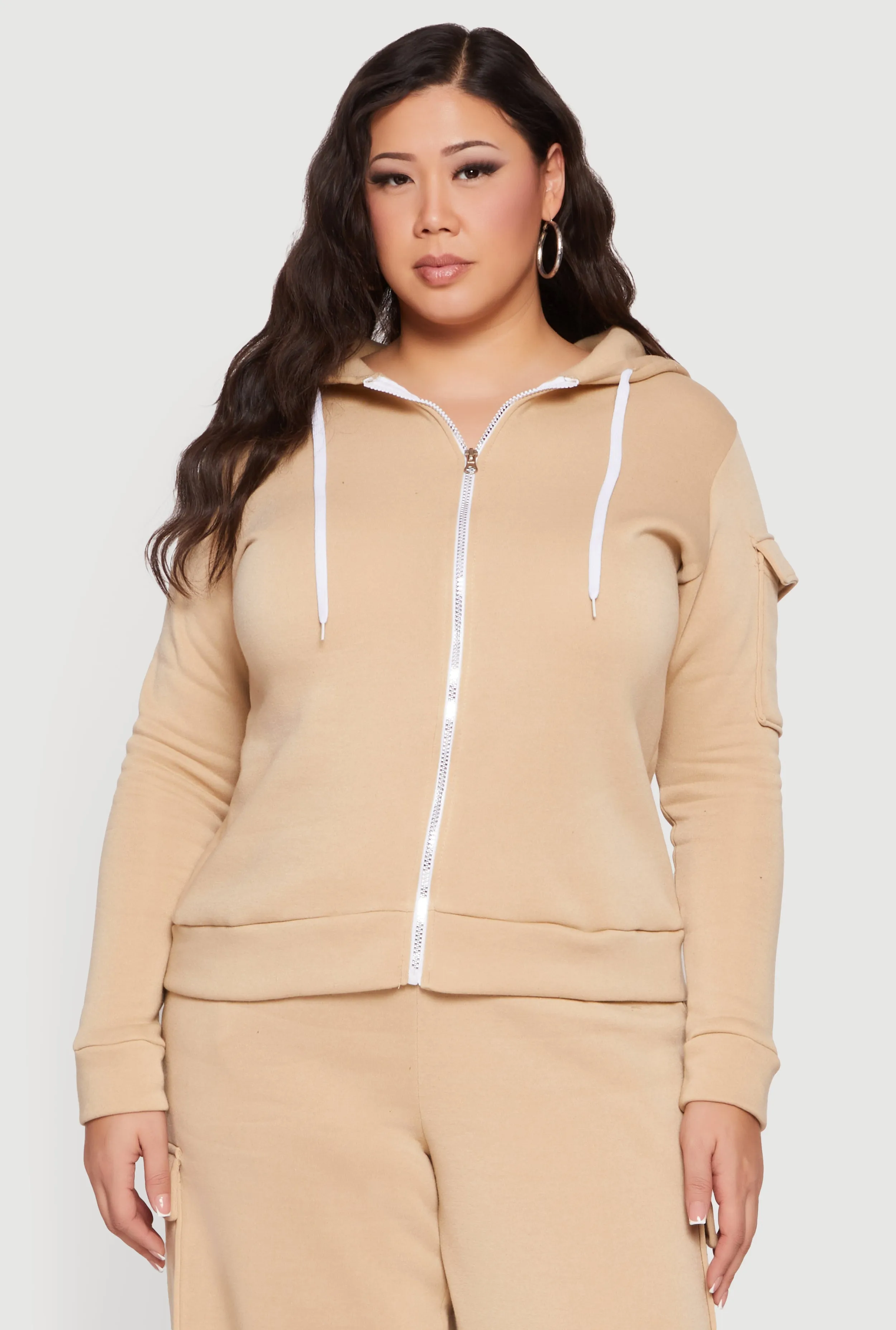 Plus Size Long Sleeve Zip Front Hoodie with Cargo Pocket sold by Rainbow
