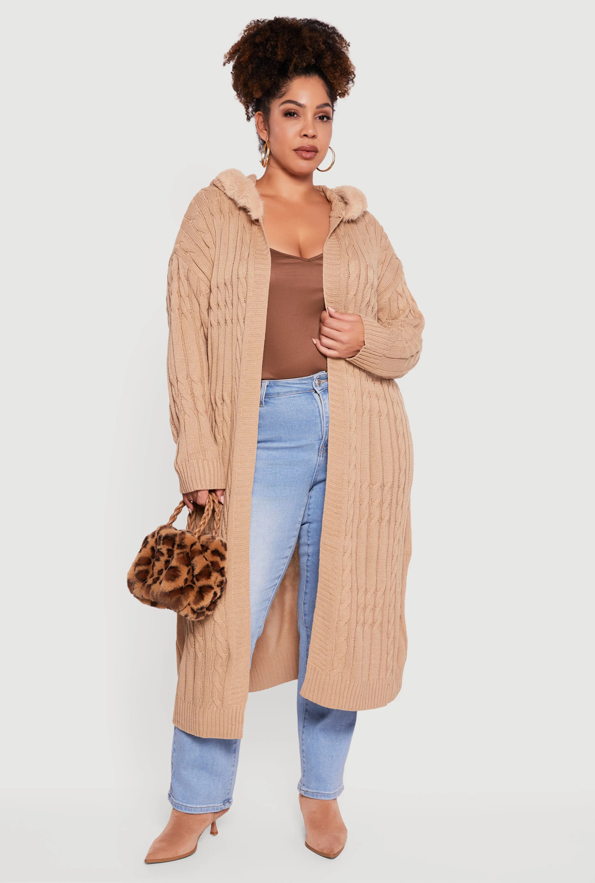Plus Size Almost Famous Faux Fur Trim Hooded Long Cardigan sold by Rainbow product image thumbnail 3