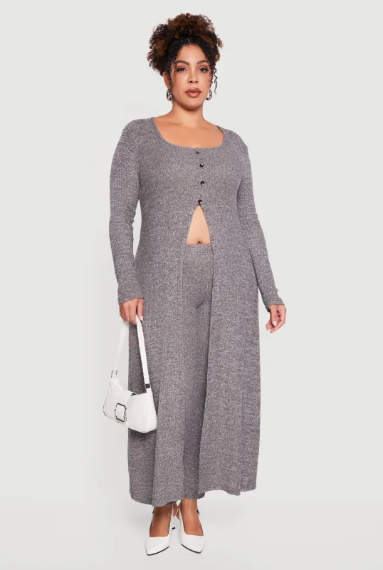 Plus Size Split Hem Long Sweater with Faux Buttons sold by Rainbow