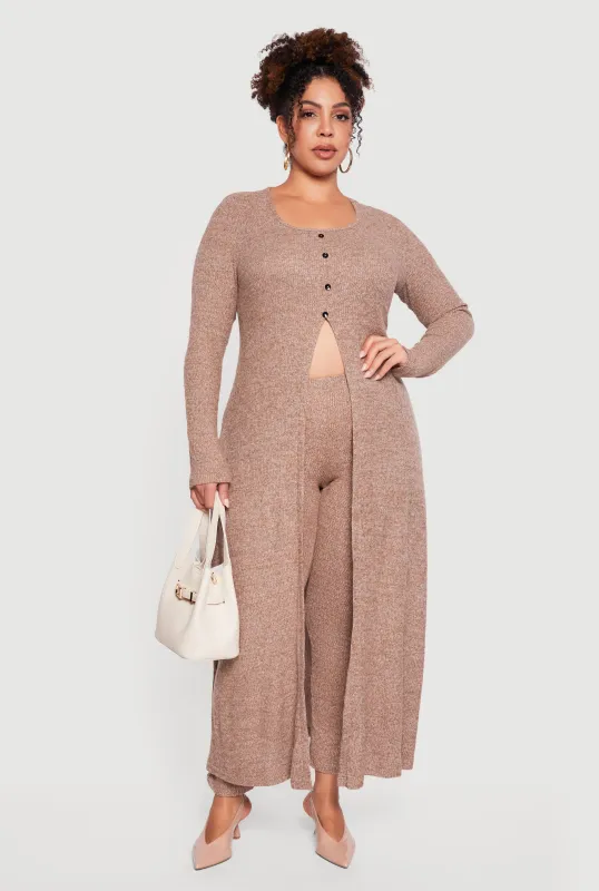 Plus Size Split Hem Long Sweater with Faux Buttons sold by Rainbow