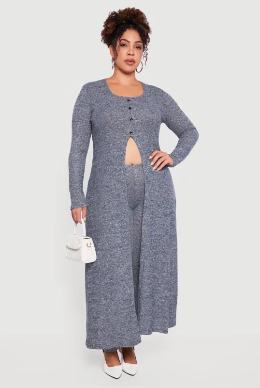 Plus Size Split Hem Long Sweater with Faux Buttons sold by Rainbow