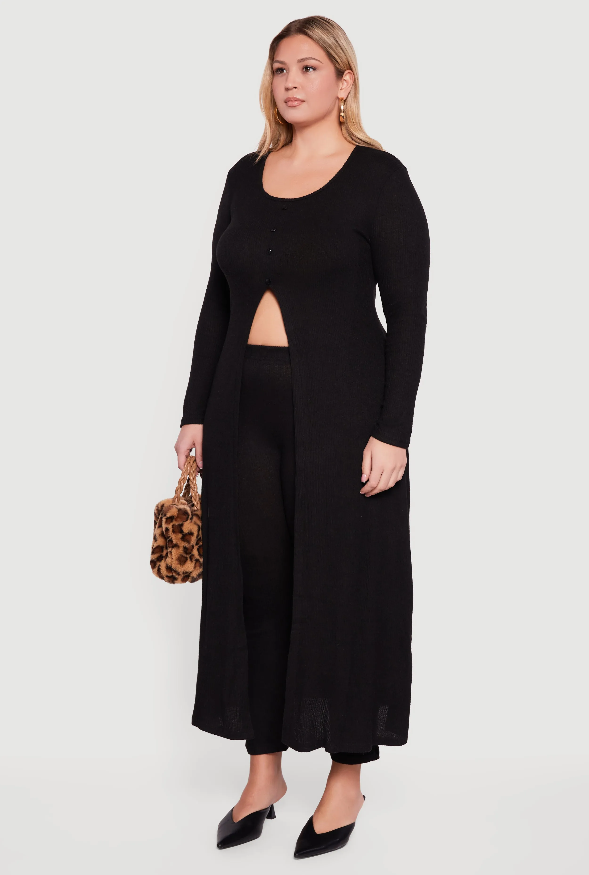 Plus Size Split Hem Long Sweater with Faux Buttons sold by Rainbow product image thumbnail 3