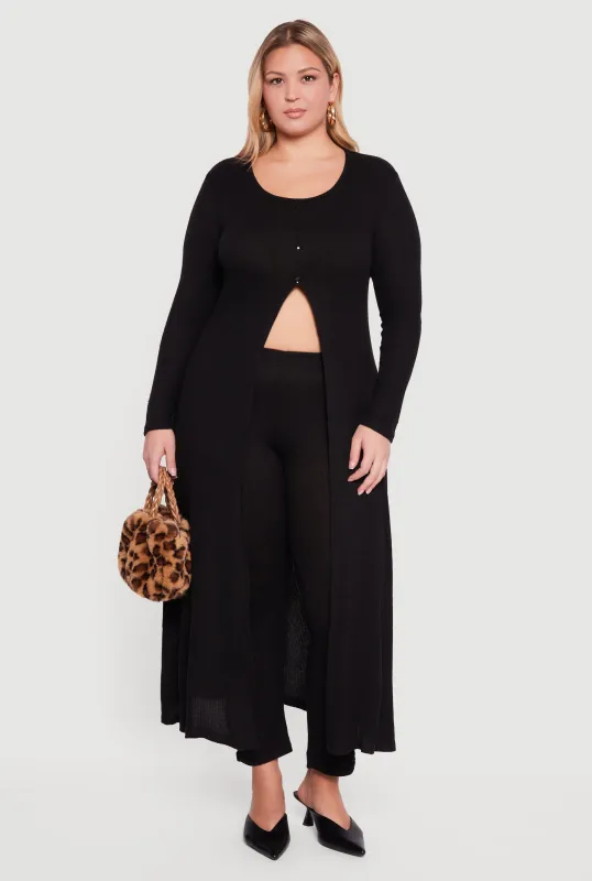 Plus Size Split Hem Long Sweater with Faux Buttons sold by Rainbow