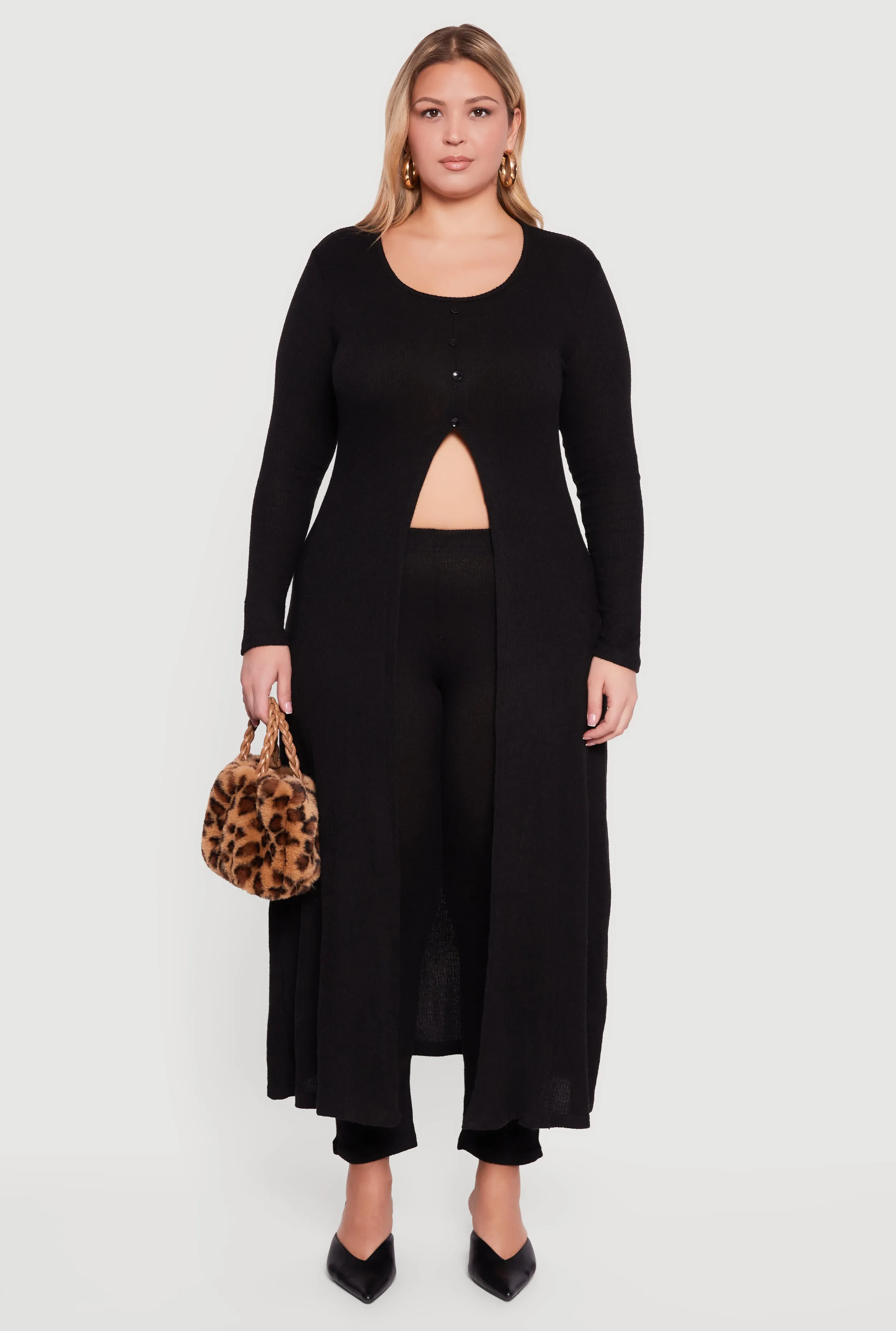 Plus Size Split Hem Long Sweater with Faux Buttons sold by Rainbow product image thumbnail 2