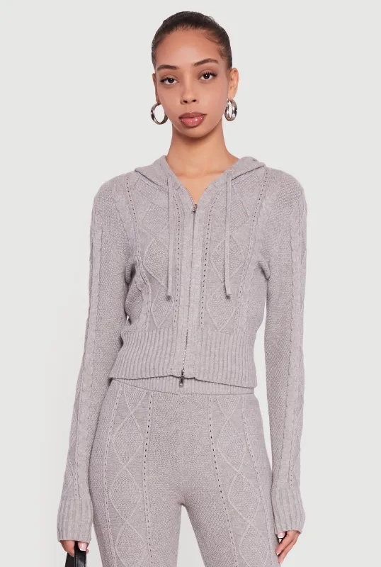 Zip Front Cable Knit Hooded Cardigan sold by Rainbow