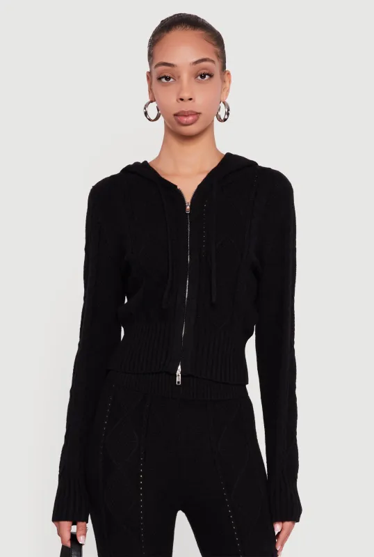 Zip Front Cable Knit Hooded Cardigan sold by Rainbow