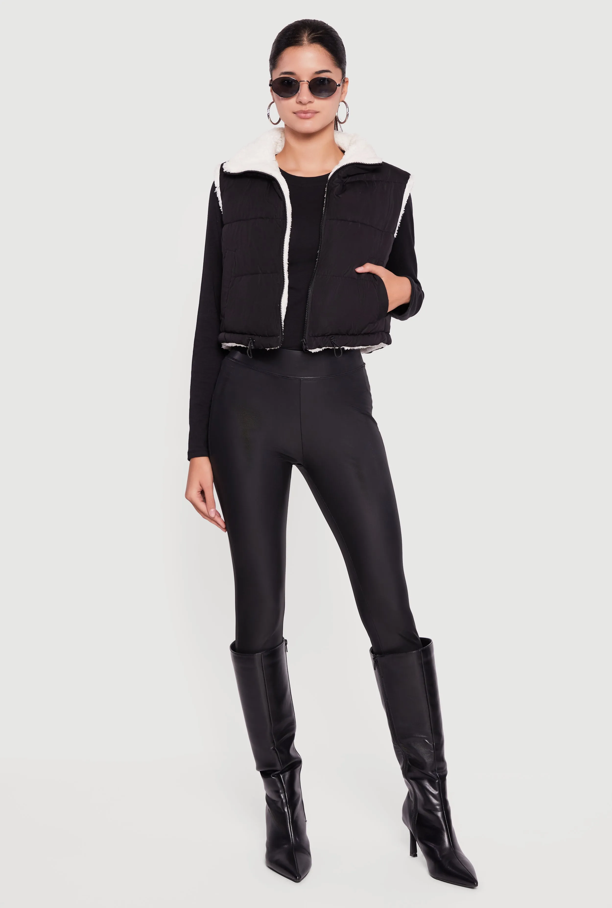 Sherpa Lined Drawstring Hem Zip Front Puffer Vest sold by Rainbow