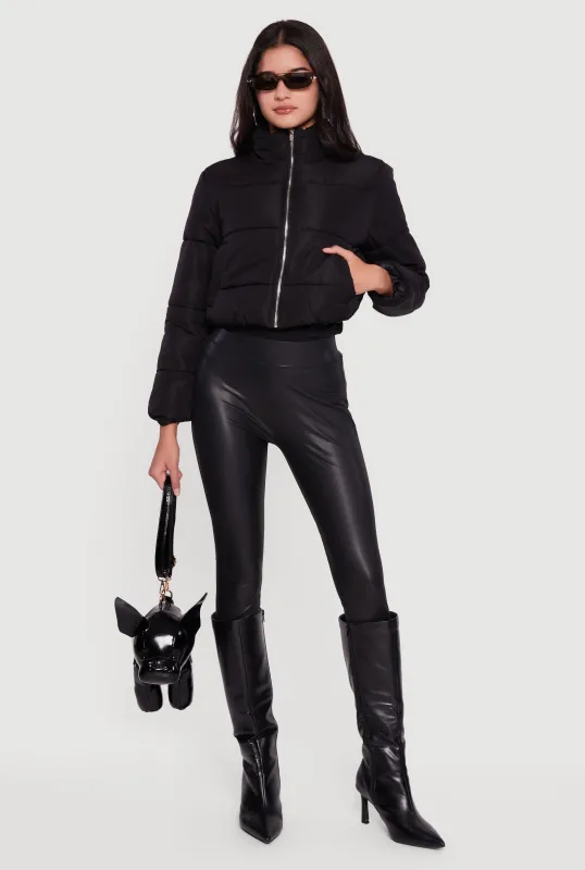 Solid Cropped Zip Front Puffer Jacket sold by Rainbow