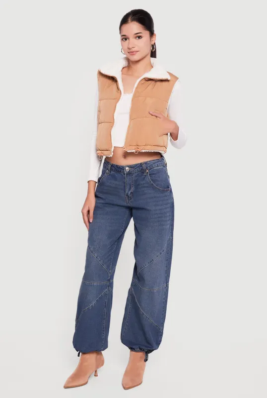 Sherpa Lined Drawstring Hem Zip Front Puffer Vest sold by Rainbow