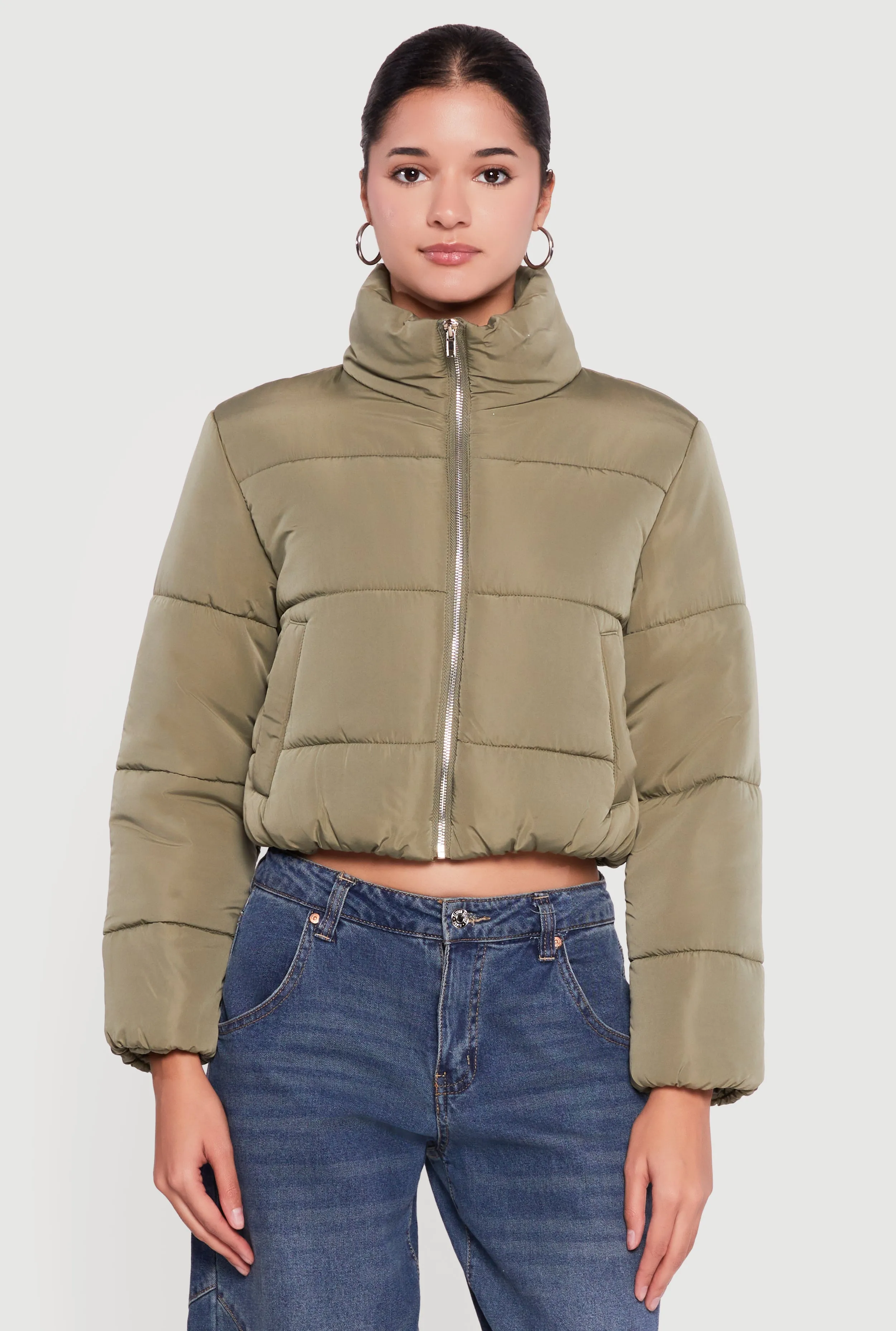 Solid Cropped Zip Front Puffer Jacket sold by Rainbow product image thumbnail 2