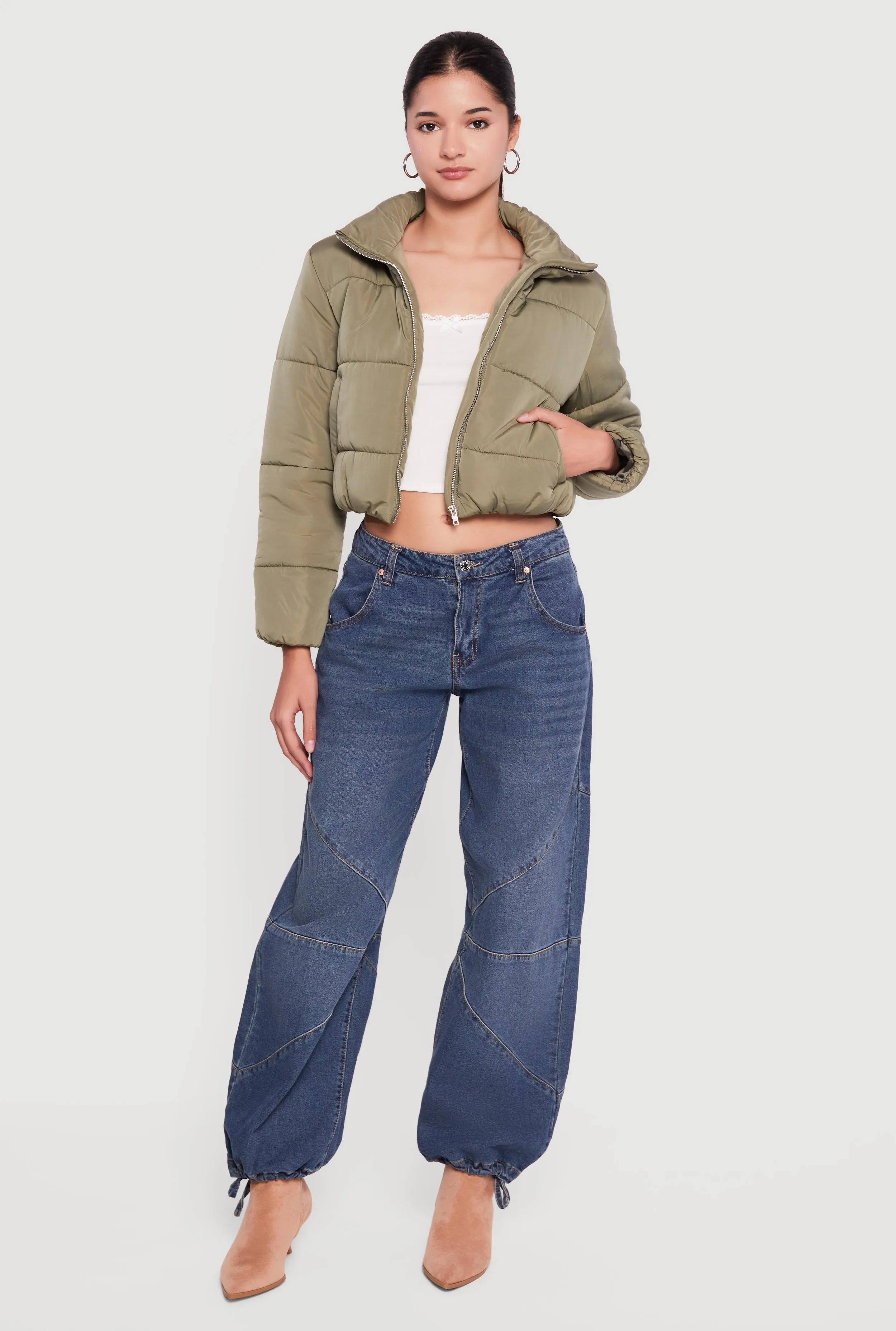 Solid Cropped Zip Front Puffer Jacket sold by Rainbow