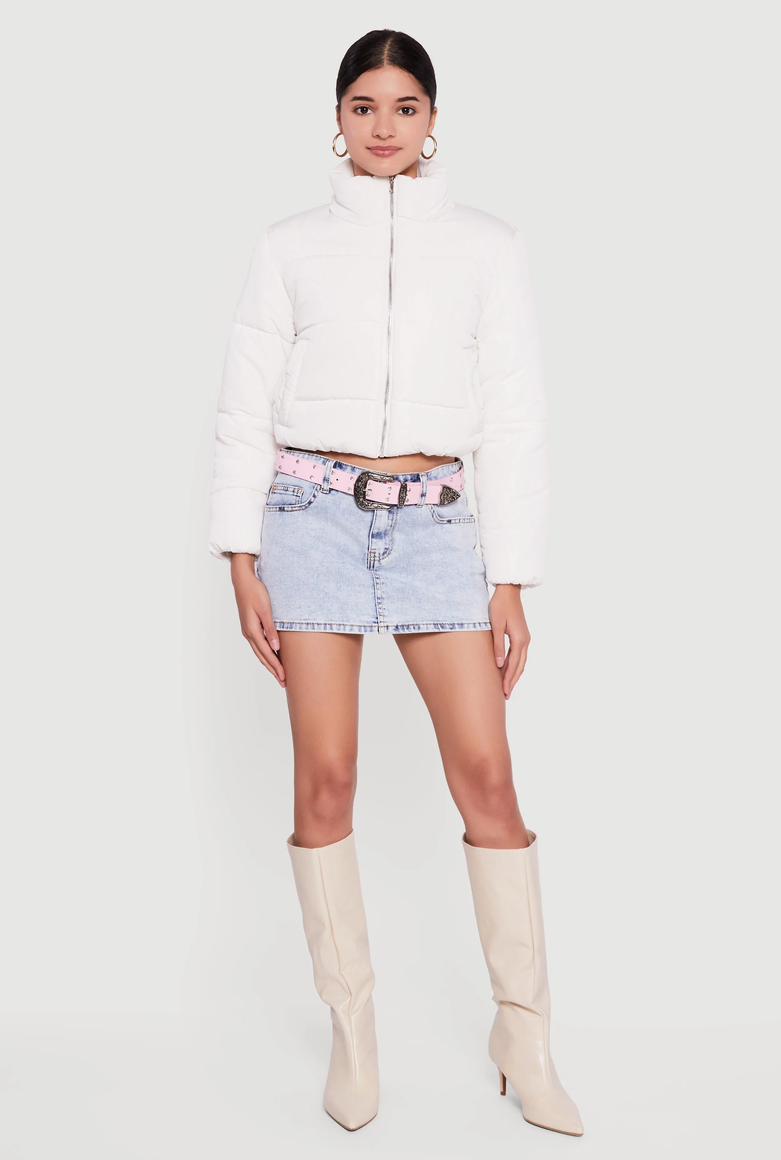 Solid Cropped Zip Front Puffer Jacket sold by Rainbow