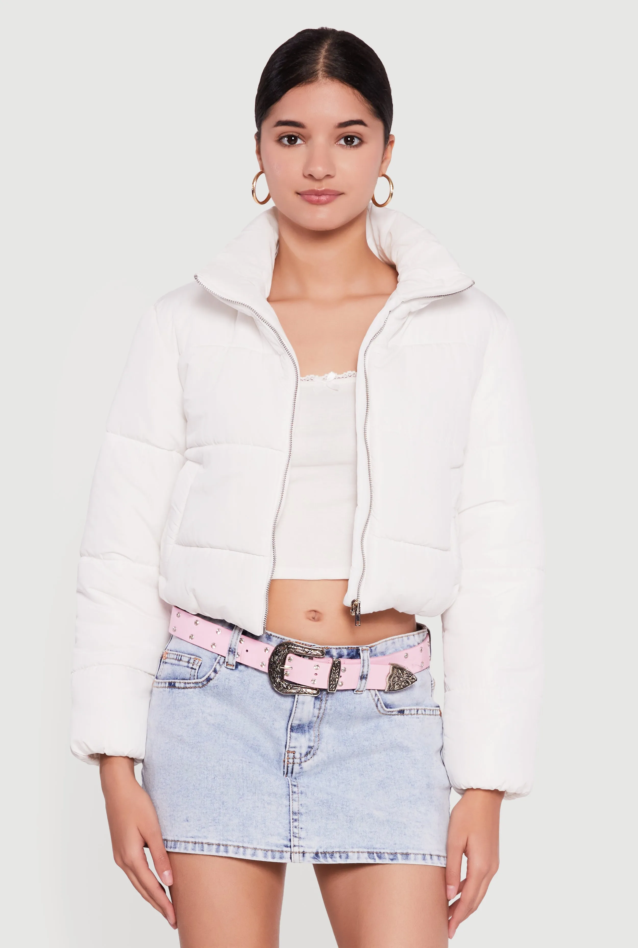 Solid Cropped Zip Front Puffer Jacket sold by Rainbow product image thumbnail 2