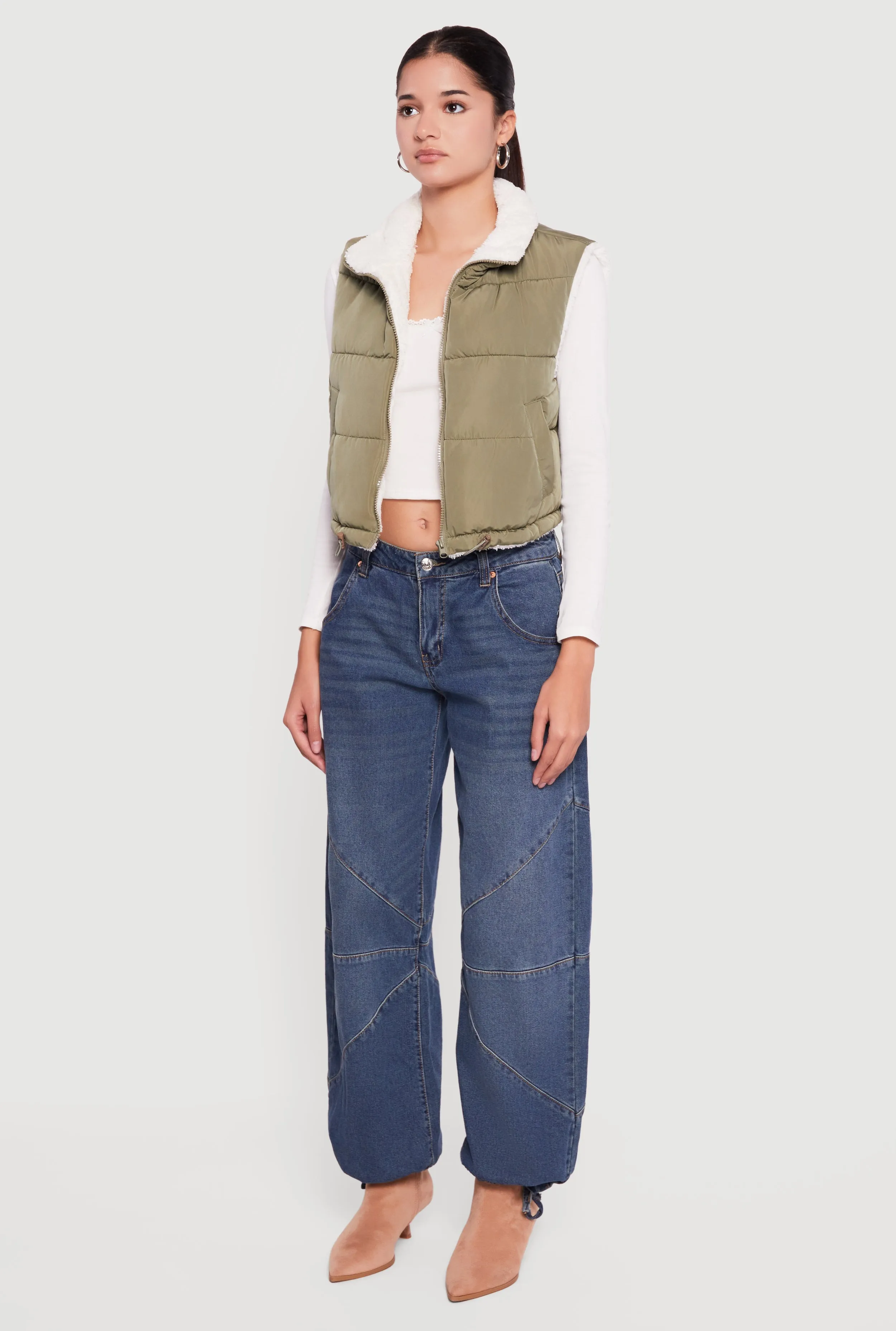Sherpa Lined Drawstring Hem Zip Front Puffer Vest sold by Rainbow product image thumbnail 5
