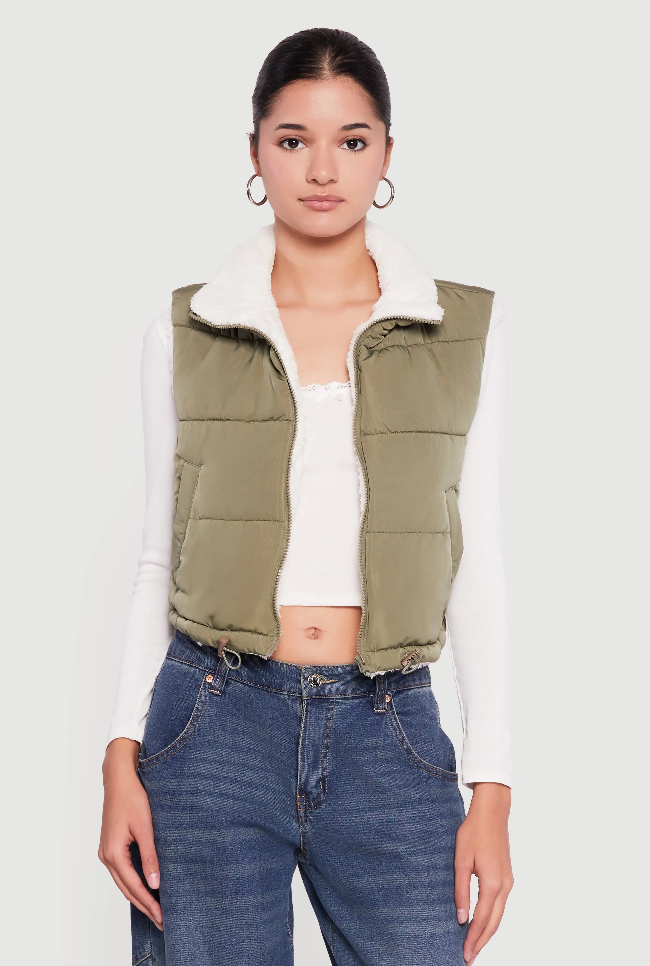 Sherpa Lined Drawstring Hem Zip Front Puffer Vest sold by Rainbow product image thumbnail 2