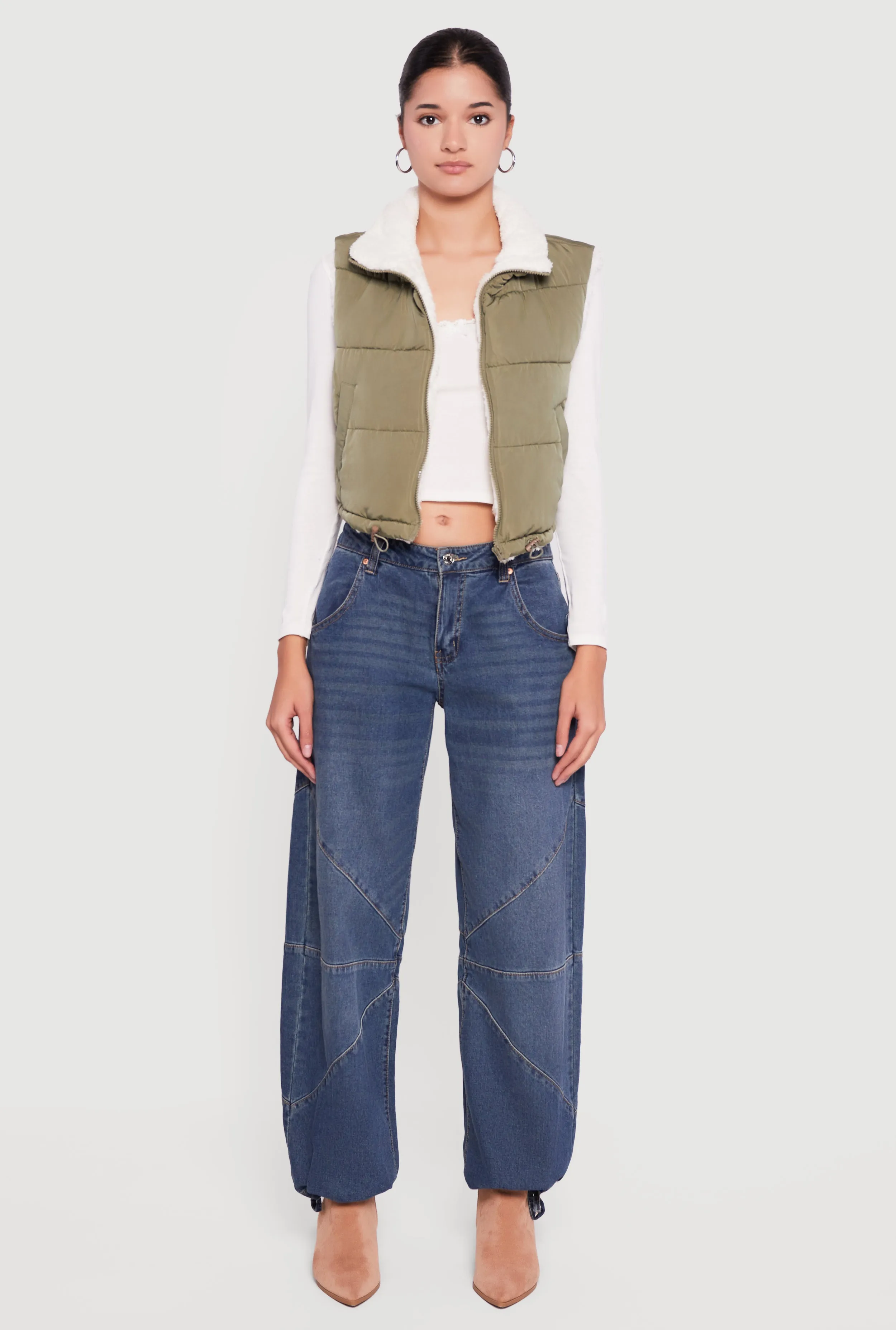 Sherpa Lined Drawstring Hem Zip Front Puffer Vest sold by Rainbow product image thumbnail 3