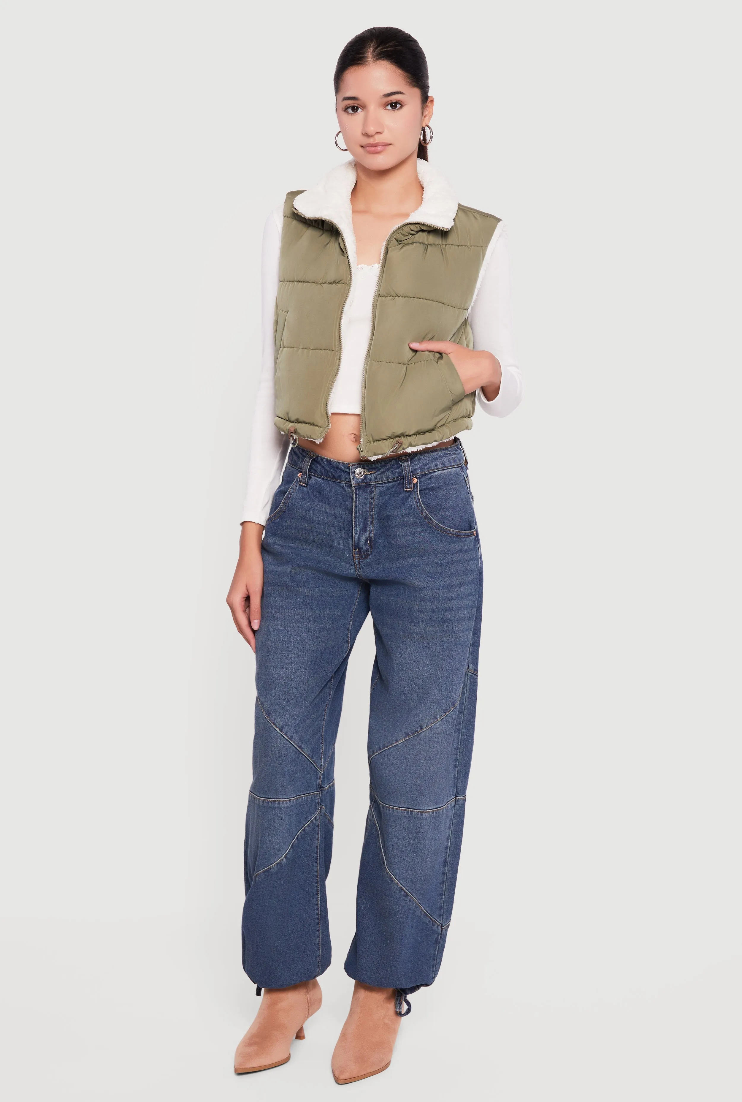 Sherpa Lined Drawstring Hem Zip Front Puffer Vest sold by Rainbow