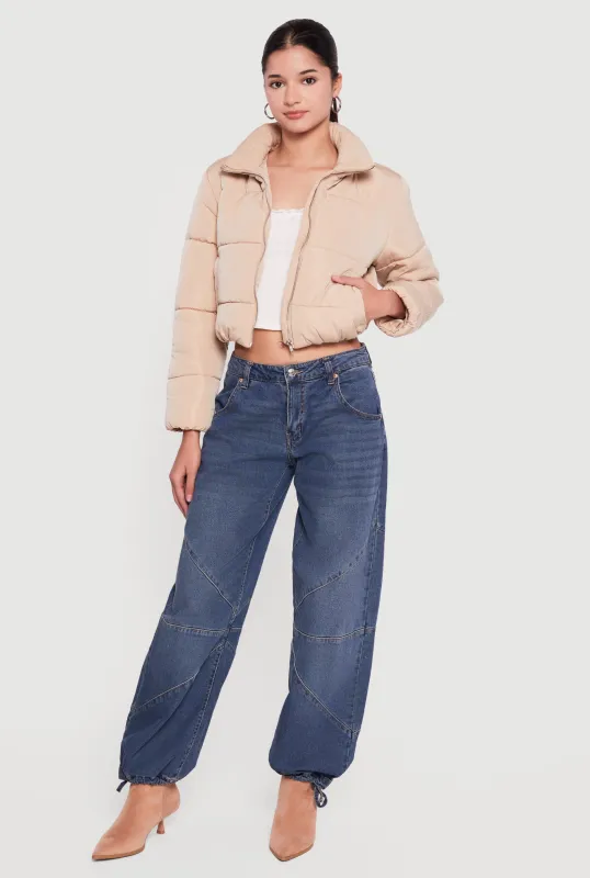 Solid Cropped Zip Front Puffer Jacket sold by Rainbow