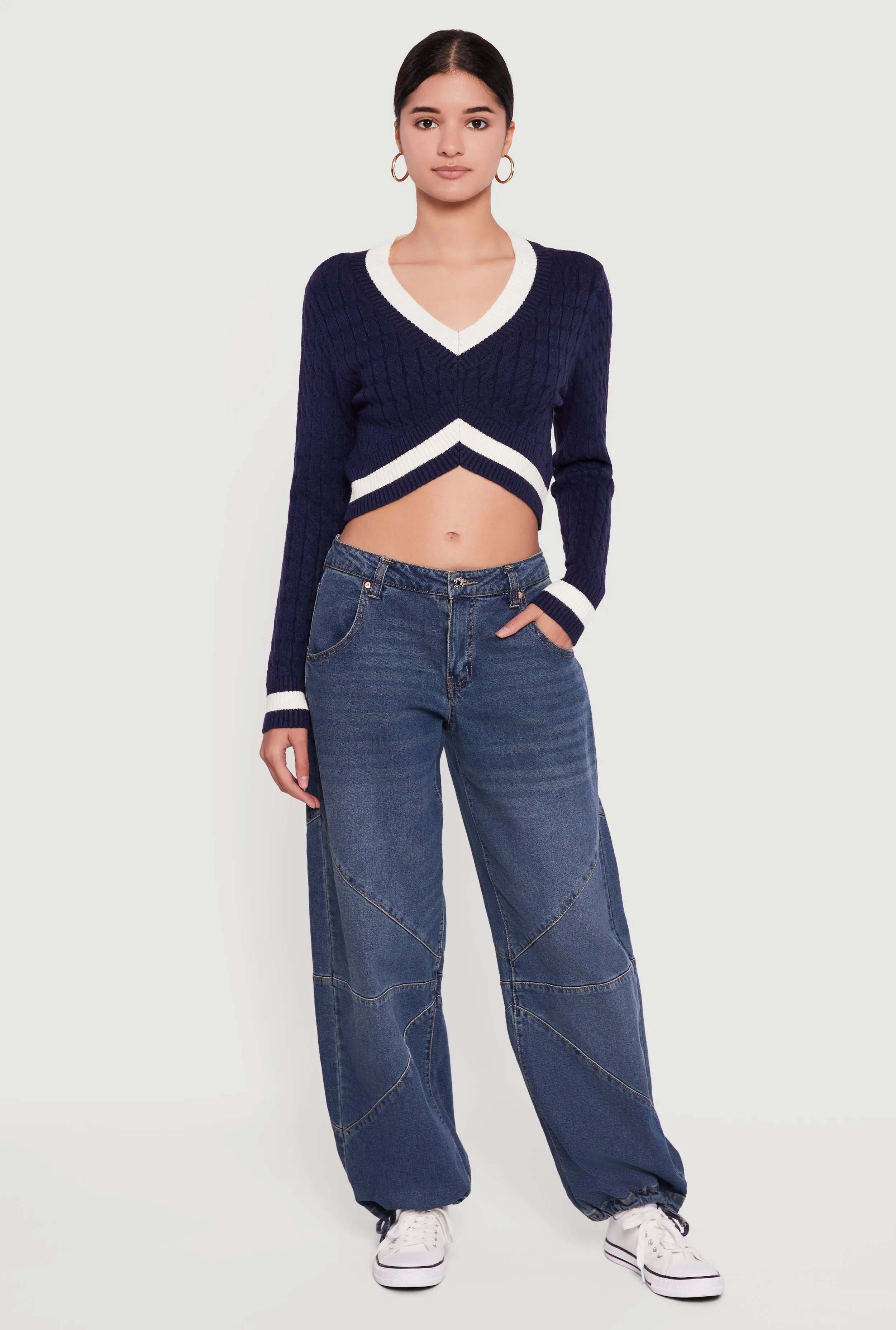 Contrast Trim Cable Knit Cropped Sweater sold by Rainbow